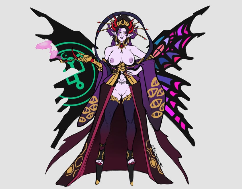 1girls 2_wings beauty_mark black_hair breasts breasts_out butterfly_wings crest_of_lust crests_(digimon) demon demon_girl digimon digimon_(species) earrings female hand_on_hip headdress hi_res horns innie_pussy kiseru large_breasts larger_female lilithmon lilithmon_x lipstick long_fingernails looking_at_viewer nipples open_toe_shoes pale_skin pointy_ears pubic_tattoo purple_lipstick pussy shaved_pussy smoke smoking solo stockings succubus t-rexmonster tattoo_on_belly toenail_polish toenails wings x-digimon x_antibody yellow_eyes