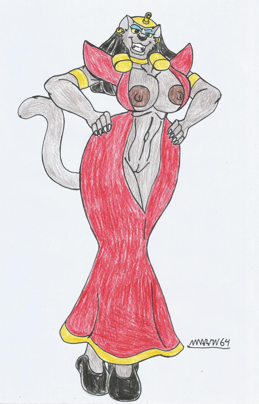 1girls aladdin anthro anthro_only big_breasts brown_fur brown_nipples disney egyptian eyeshadow furry gold_jewelry marlon64 mirage_(aladdin) open_clothing open_dress red_dress smile traditional_media_(artwork) wide_hips yellow_eyes