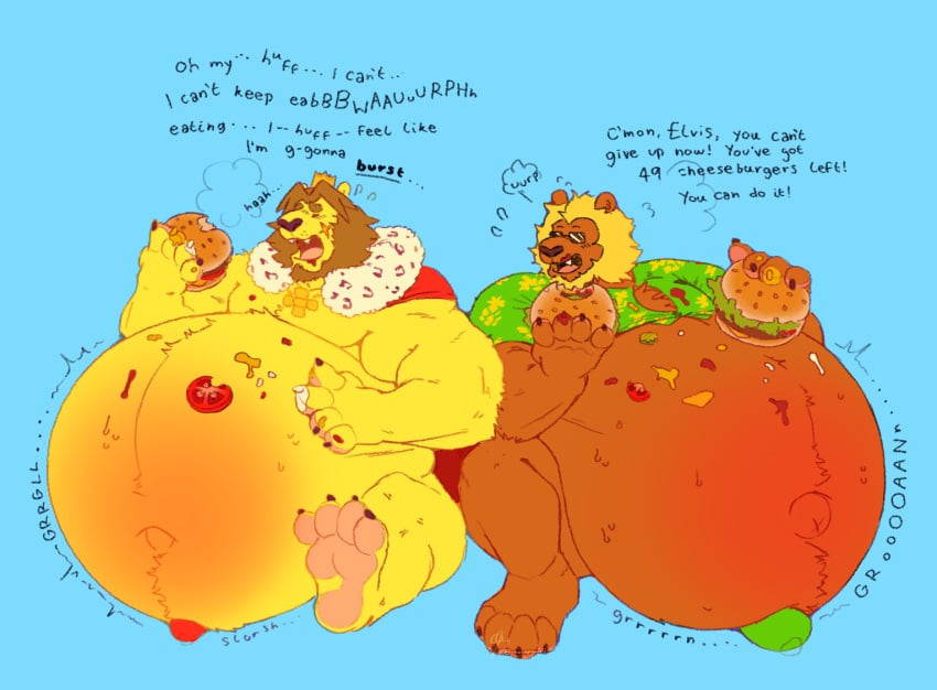 animal_crossing anthro barefoot belly big_belly big_penis bloated blush bodily_fluids body_hair breath brown_body brown_fur brown_mane bud_(animal_crossing) burger burp_cloud burping chocopaws2 claws close_to_bursting clothed clothing dialogue dripping duo eating elvis_(animal_crossing) english_text erection eyewear fat fat_belly feet felid food food_on_belly food_stains fur genital_fluids genitals groaning happy_trail hyper hyper_belly leaking_precum lion male male_only mammal mane moan morbidly_obese morbidly_obese_male navel nintendo obese obese_male onomatopoeia open_mouth outie_navel overweight overweight_male pantherine panting pawpads paws penis precum rumbling_stomach scar slob slosh sloshing_belly sound_effects stuffing sunglasses sweat sweatdrop text tongue tongue_out yellow_body yellow_fur