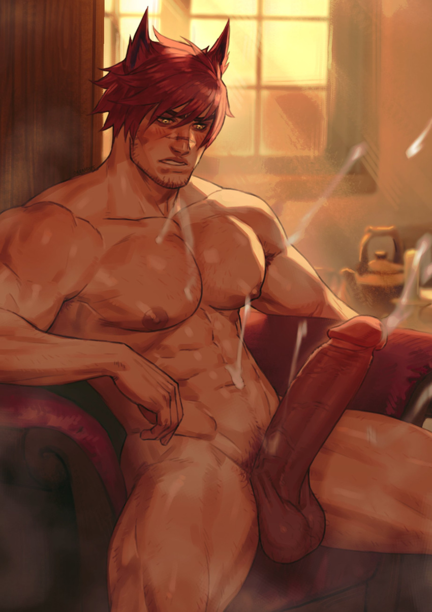 1boy abs absurdres animal_ears bara bulge cat_ears closed_mouth completely_nude cum dreampipe ejaculation erection erection_under_clothes facial_hair highres indoors large_pectorals league_of_legends male_focus male_only male_pubic_hair muscular muscular_male navel nipples nude pectorals penis pubic_hair scar scar_on_face scar_on_nose sett short_hair sitting solo stubble testicles