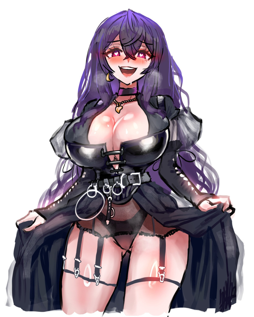 black_dress blush flushed garter_straps heart-shaped_pupils horny horny_female minsterpduke ophelia_midnight purple_hair thigh_highs thighs turned_on virtual_youtuber vreverie vtuber