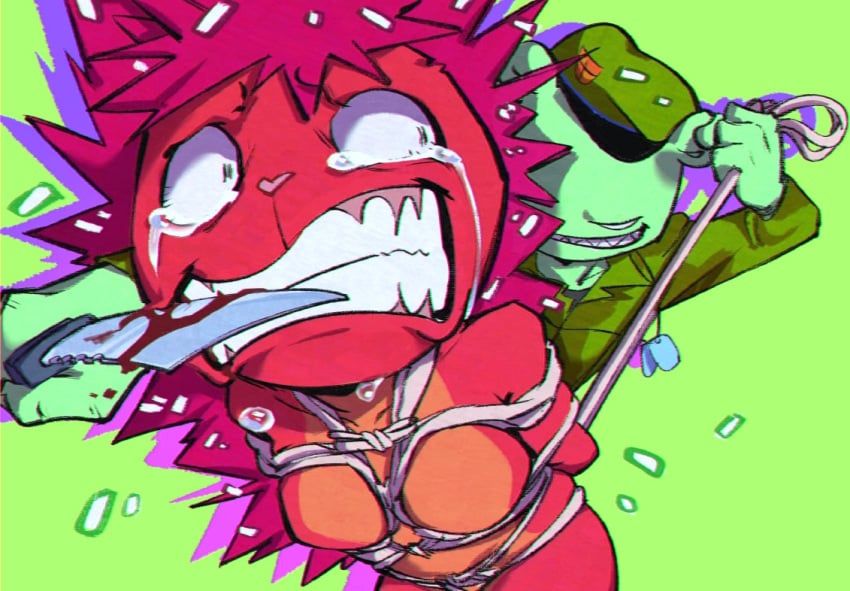 1girls anthro anthro_only bondage crying flaky_(htf) flippy_(htf) happy_tree_friends knife rape tagme tied_up