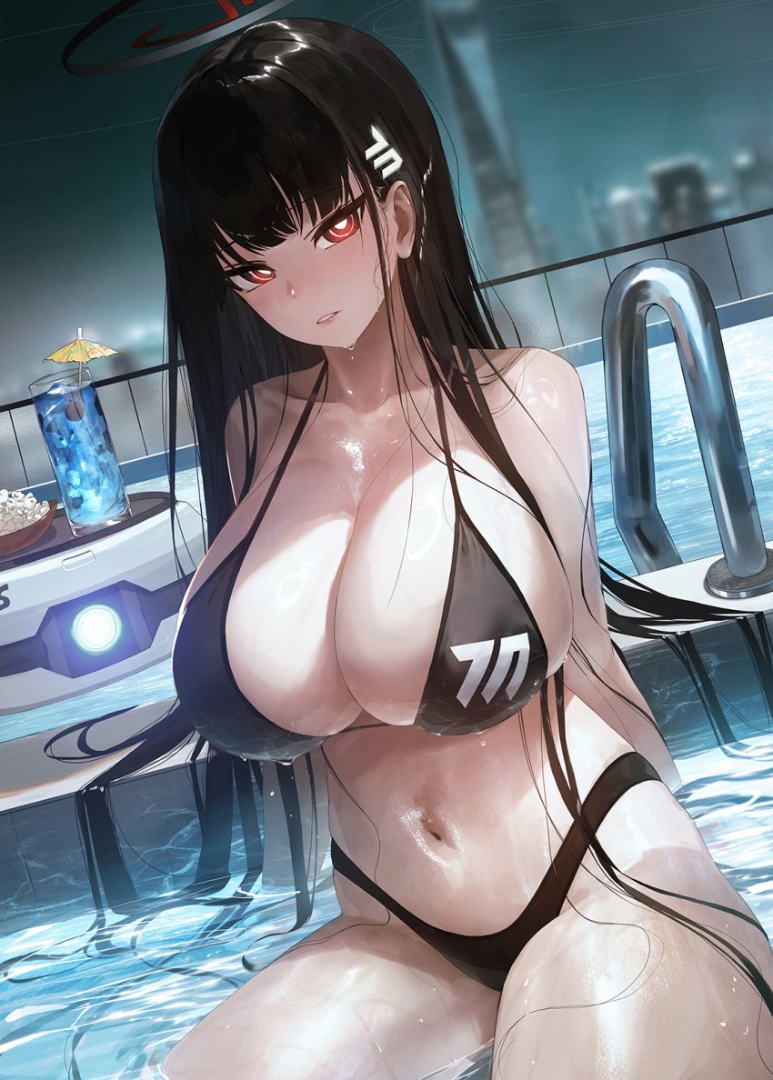 1girls artist_request bare_arms bare_legs bare_shoulders bikini black_hair blue_archive blunt_bangs breasts bright_pupils cleavage collarbone cup drink drinking_glass female hair_ornament hairclip halo highres huge_breasts long_hair looking_at_viewer millennium_science_school_logo_(blue_archive) millennium_science_school_student mo_ne navel open_mouth pool red_eyes rio_(blue_archive) safe_mone seminar_(blue_archive) solo swimsuit very_long_hair water white_pupils