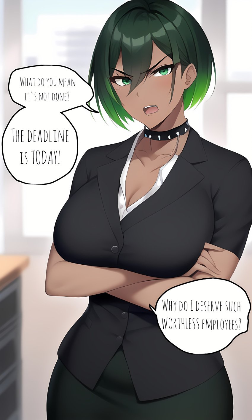 1futa ai_generated angry angry_face dark_skin degradation futanari futasub green_eyes green_hair insult large_breasts morgan_(xdk141) novelai office office_lady pov spiked_collar xdk141 yelling