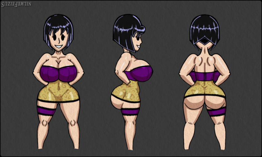 back_view big_ass big_breasts black_hair dress_up fallout front_view hand_on_hip leopard_print lingerie looking_at_viewer milf mob_face pajamas profile side_view simple_background smile spread_legs standing suziefemlin tagme thigh_strap vault_girl vault_meat