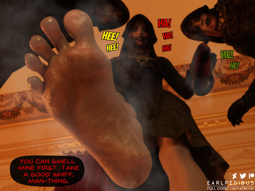 3d barefoot bela_(resident_evil) cassandra_(resident_evil) daniela_(resident_evil) dialogue earlpedibus female foot_fetish resident_evil resident_evil_8:_village smelly smelly_feet steam steamy steamy_feet sweaty_feet text