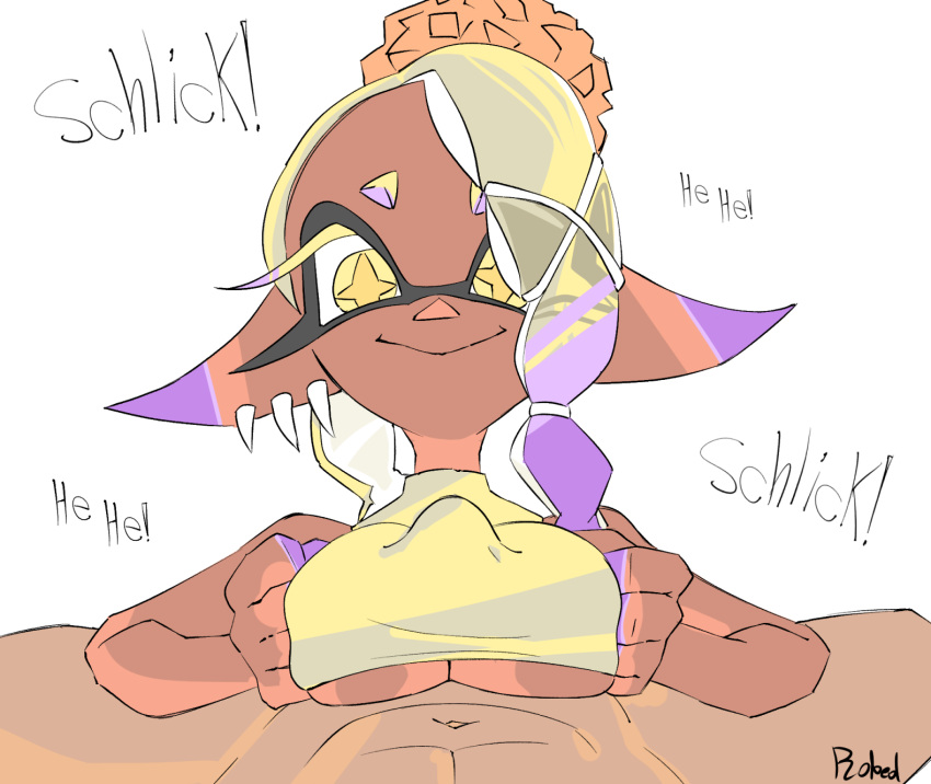 breasts dark_skin deep_cut_(splatoon) female female_focus frye_(splatoon) inkling inkling_girl nintendo paizuri paizuri_lead_by_female paizuri_under_clothes robedart splatoon splatoon_(series) splatoon_3