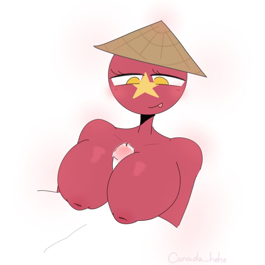 1boy 1girls big_breasts breasts conical_hat countryhumans countryhumans_girl huge_breast large_breasts massive_breasts paizuri red_body tagme united_states_of_america_(countryhumans) vietnam_(countryhumans) white_background xx.canada.xx