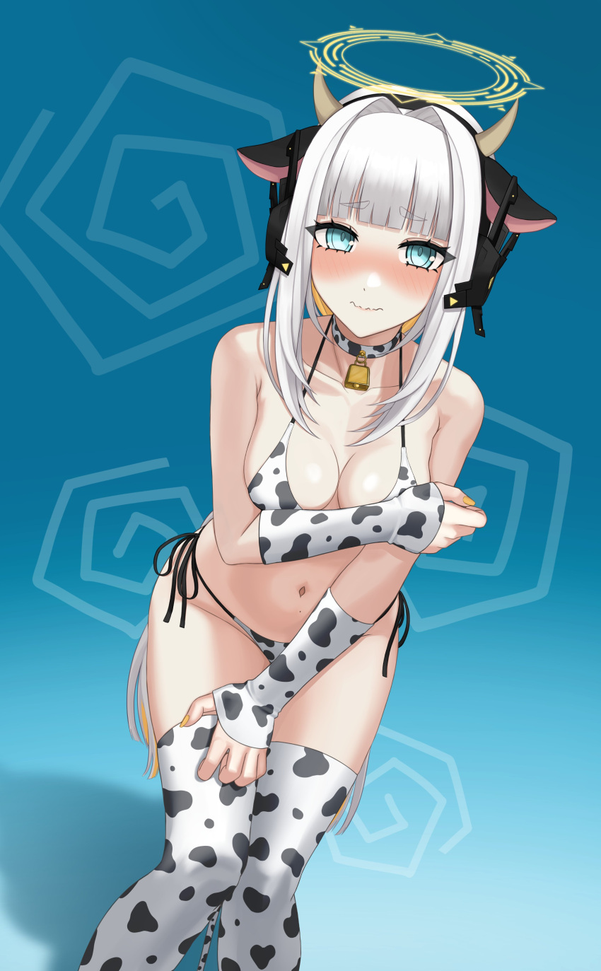 1girls bikini blush cleavage cow_bell cow_bikini cow_ears eru_nabura female_only highres latam_virtual_youtuber looking_at_viewer short_hair thighhighs virtual_youtuber white_hair yellow_nails