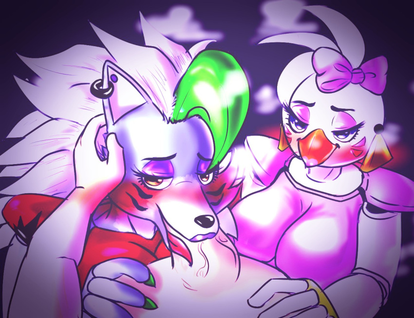 1boy 2girls 2girls1boy animatronic anthro avian beak big_breasts bird blush bow_on_head breasts canid canine canis chicken clothing colored_nails ear_piercing ear_ring eyelashes eyeshadow facial_markings female first_person_view five_nights_at_freddy's five_nights_at_freddy's:_security_breach galliform gallus_(genus) genitals glamrock_chica_(fnaf) green_highlights green_nails grey_body group hair head_feathers head_markings head_tuft highlights_(coloring) lipstick looking_at_viewer machine makeup male male/female mammal markings nails nes_panda nes_pandansfw orange_eyes partial_male penis phasianid piercing pink_bow pink_clothing pink_eyeshadow pink_topwear pov_blowjob purple_eyes purple_eyeshadow purple_lipstick red_clothing red_topwear ring_piercing robot roxanne_wolf_(fnaf) scottgames shoulder_pads steel_wool_studios threesome topwear trio tuft white_body white_hair wolf