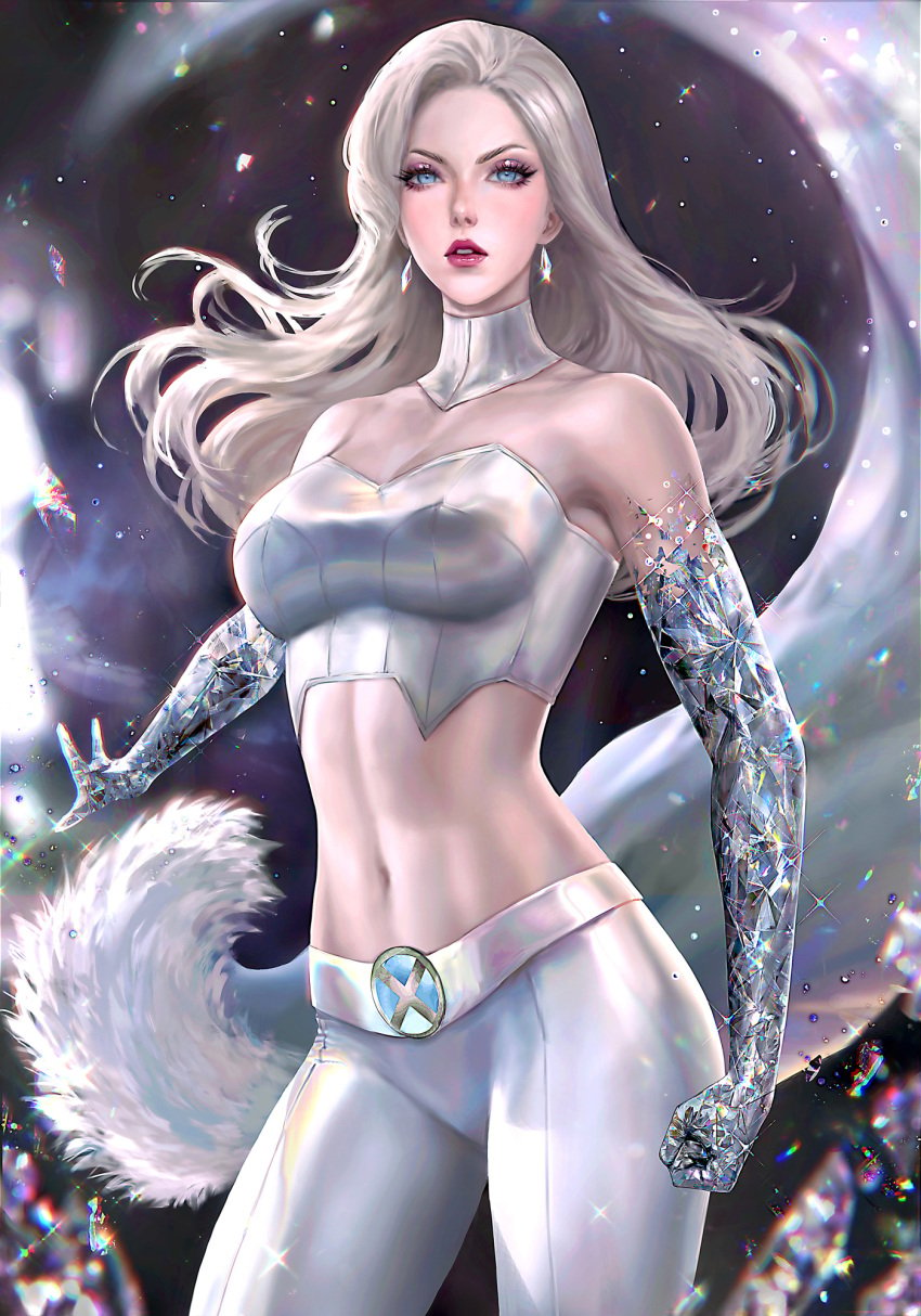 belly belly_button blonde_hair emma_frost grey_hair long_hair marvel marvel_comics serafleur tight_clothing topwear white_hair