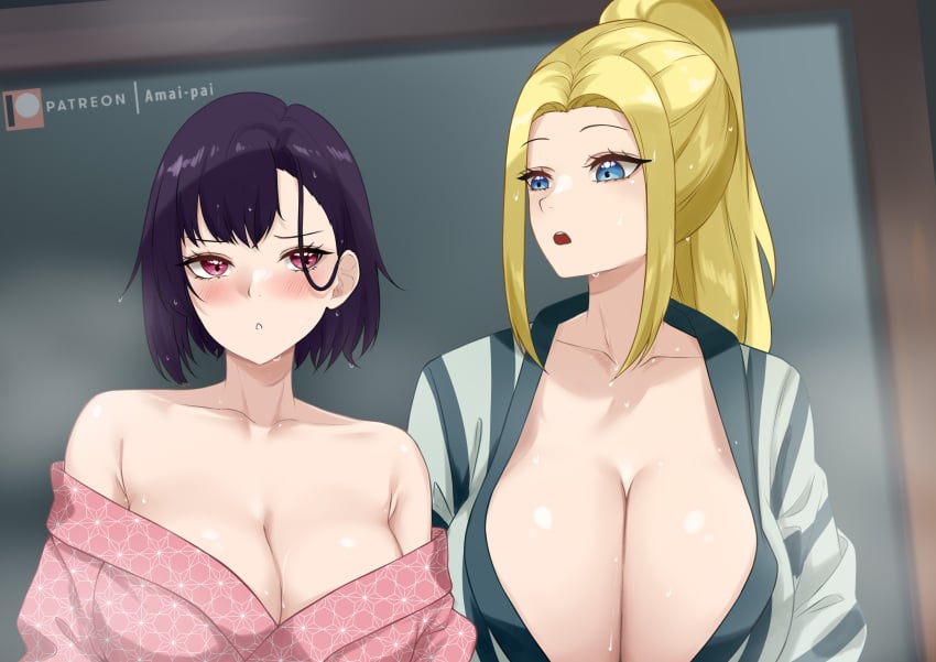 2girls absurdres adult_swim amai-pai asymmetrical_bangs beatrix_amerhauser blonde_hair blue_eyes breasts cleavage collarbone commentary english_commentary green_kimono hair_behind_ear highres huge_breasts japanese_clothes kimono large_breasts long_hair looking_at_another looking_to_the_side mikazuki_shizuka multiple_girls off_shoulder open_mouth parted_lips patreon_username pink_eyes pink_kimono ponytail purple_hair short_hair toonami upper_body yukata zom_100_zombie_ni_naru_made_ni_shitai_100_no_koto