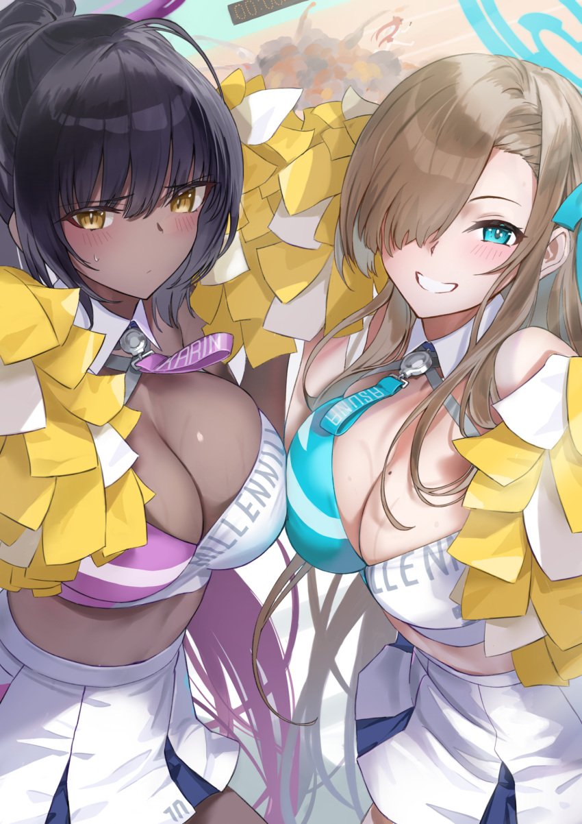 2girls asuna_(blue_archive) black_hair blonde_hair blue_archive blue_eyes blush brown_skin cheerleader cheerleader_uniform chocolate_and_vanilla cleavage dai00888 dark-skinned_female dark_skin female hair_over_one_eye karin_(blue_archive) light-skinned_female light_skin long_hair looking_at_viewer midriff millennium_cheerleader_outfit_(blue_archive) millennium_science_school_logo_(blue_archive) millennium_science_school_student skirt slim_waist smile sports_bra thick_thighs yellow_eyes