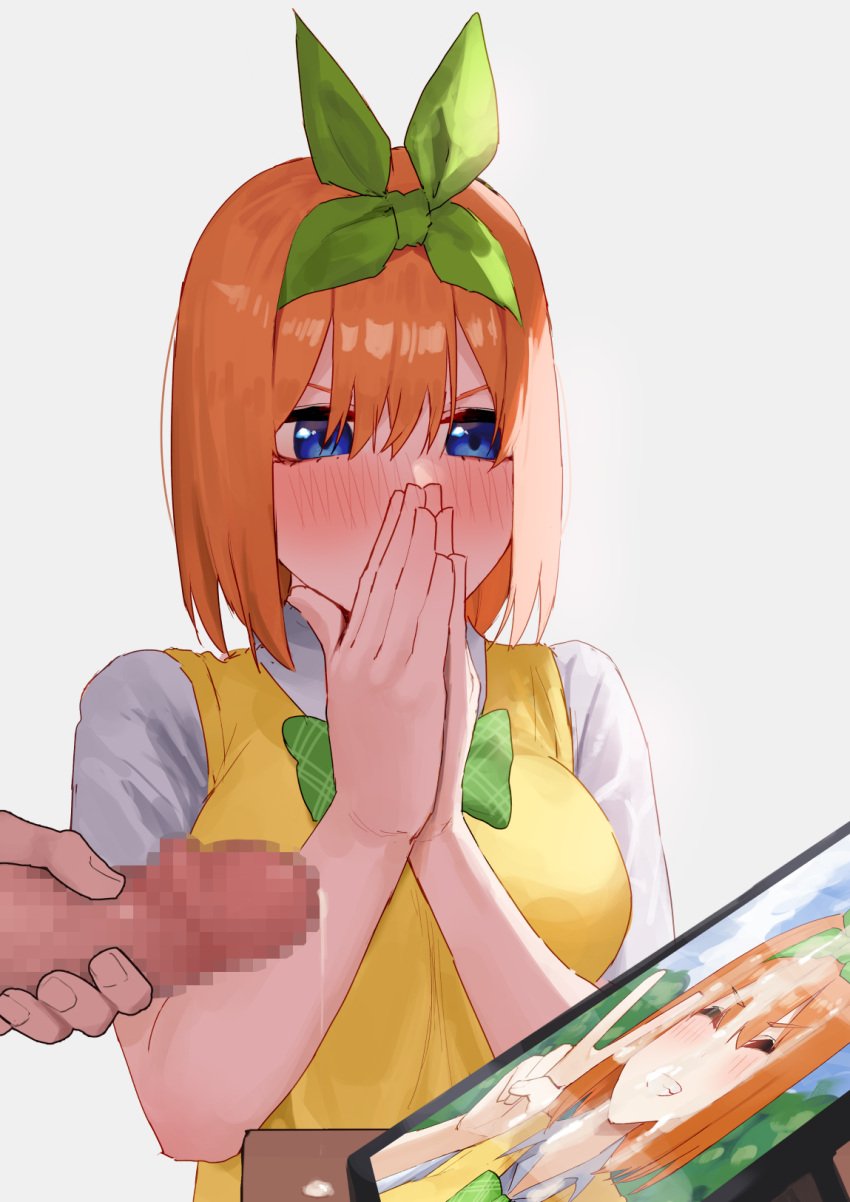 1boy after_ejaculation amog blue_eyes blush bob_cut bow breasts censored collared_shirt commentary_request cum cum_on_object cum_on_photo cum_on_picture cum_on_portrait cum_tribute female go-toubun_no_hanayome green_bow green_hairband green_ribbons hair_between_eyes hair_ribbon hairband hands_on_own_face highres large_breasts male_masturbation masturbation medium_hair mosaic_censoring nakano_yotsuba orange_hair own_hands_clasped own_hands_together penis photo_(object) ribbon school_uniform shirt simple_background sweater sweater_vest white_background white_shirt yellow_sweater yellow_sweater_vest