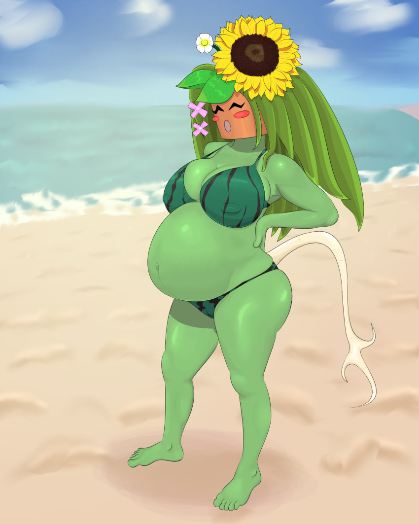 anthro areola_bulge around_drum ass barefoot beach bikini blaster_master blaster_master_zero_2 blush breasts cameltoe cleavage flora_fauna flower flower_in_hair flowers green-skinned_female green_body huge_ass huge_belly huge_breasts kanna_(blaster_master) mob_face object_head plant plant_girl plantie pregnant pregnant_belly sunflower tagme tail thick_thighs watermelon_bra