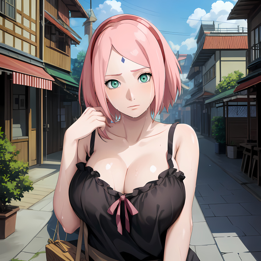 1girls ai_generated alternate_breast_size big_breasts blouse blush bob_cut boruto:_naruto_next_generations breasts cleavage clothed_female clothing deviantart_username facial_mark female female_focus forehead_mark front_view green_eyes hair_ornament hairband handbag holding_object light-skinned_female light_skin long_hair looking_at_viewer mature mature_female milf nai_diffusion naruto naruto_(series) no_bra outdoors pink_hair purse sakura_haruno shirt sleeveless_shirt solo solo_focus stable_diffusion street tank_top temptart topwear upper_body url voluptuous watermark web_address