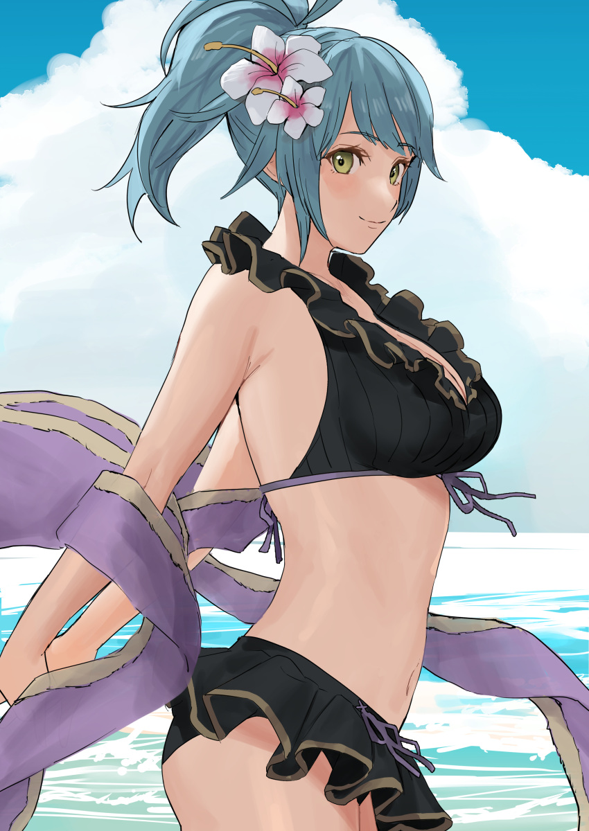 1girls alternate_costume arms_behind_back bare_thighs beach bikini black_bikini black_swimsuit blue_hair breasts cleavage female female_only fire_emblem fire_emblem_heroes flower green_eyes hair_flower looking_at_viewer medium_breasts nintendo ocean outdoors oyatsu_0 ponytail reginn_(fire_emblem) short_hair smile solo swimsuit thighs yellow_eyes