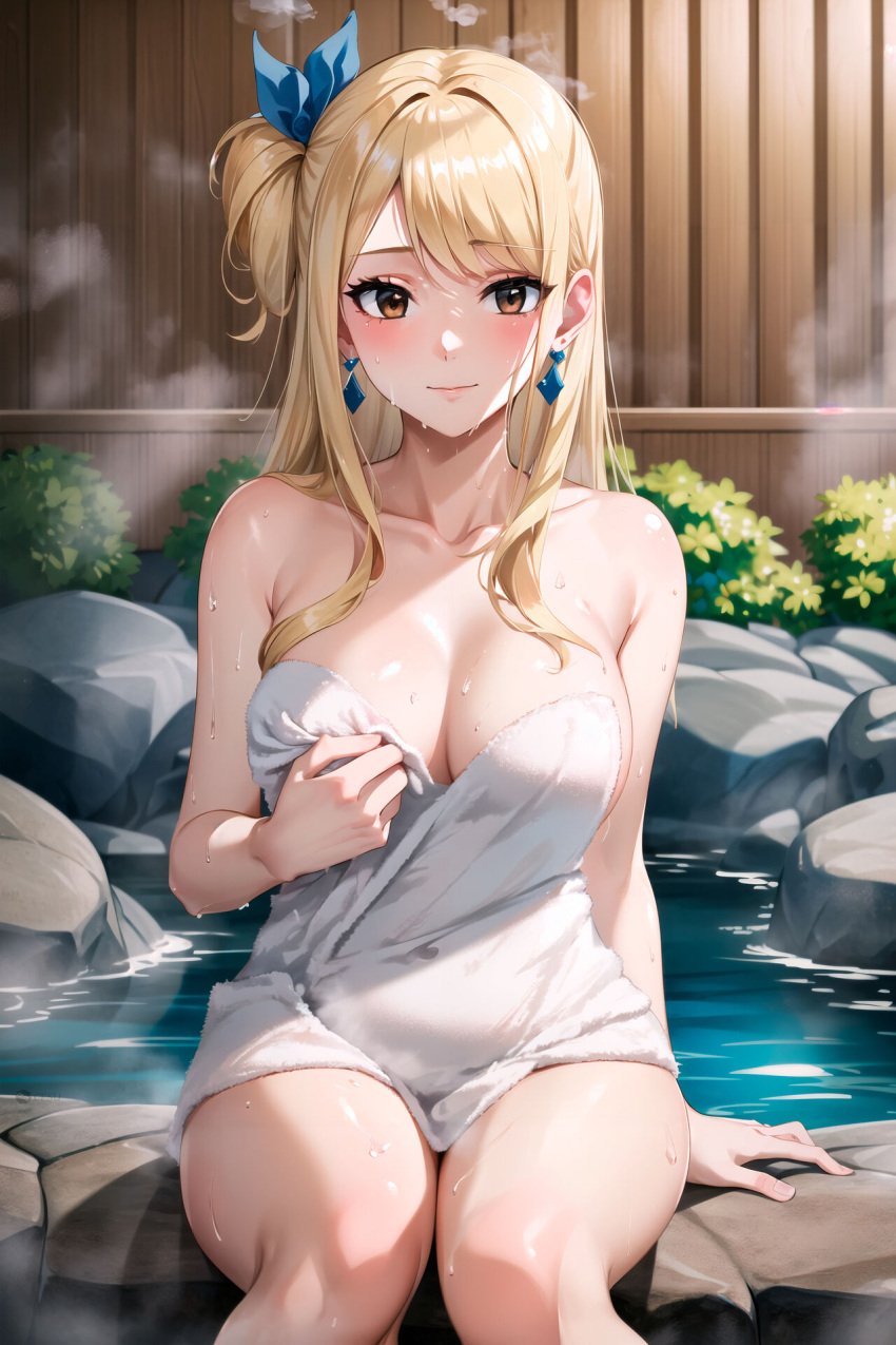 ai_generated blonde_hair blush brown_eyes fairy_tail hot_spring legs lucy_heartfilia sitting sitting_on_rock smile towel towel_only