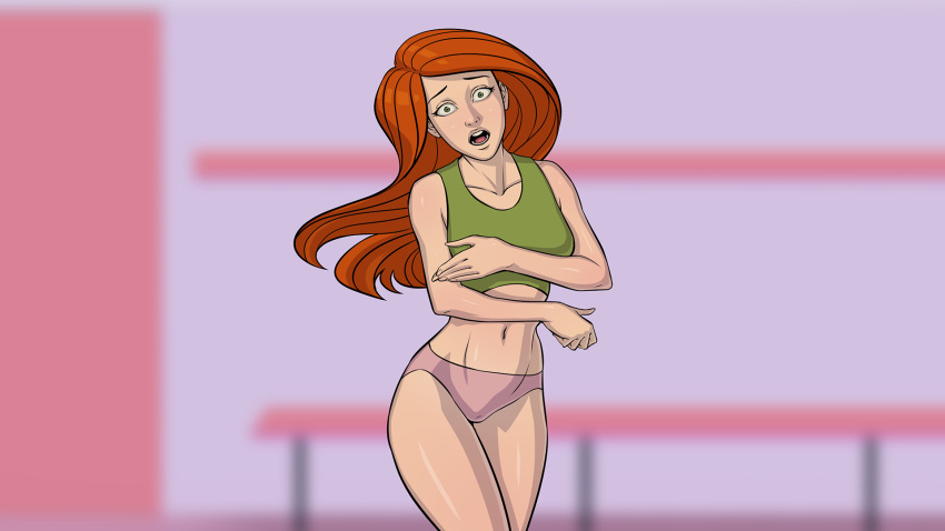 1girls covering_breasts disney disney_channel embarassed female female_only kim_possible kimberly_ann_possible leroy2012 panties project:_possible solo wide_eyed