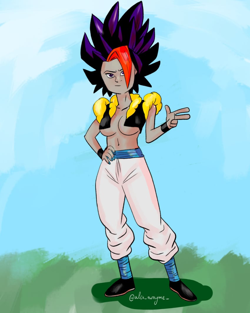 1girls alex_nonyme ben_10 cartoon_network cosplay dc dc_comics dragon_ball dragon_ball_super dragon_ball_z female female_only fusion fusion_character fusion_dance grey_skin gwen_tennyson orange_hair purple_hair raven_(dc) red_hair sideboob solo teen_titans underboob