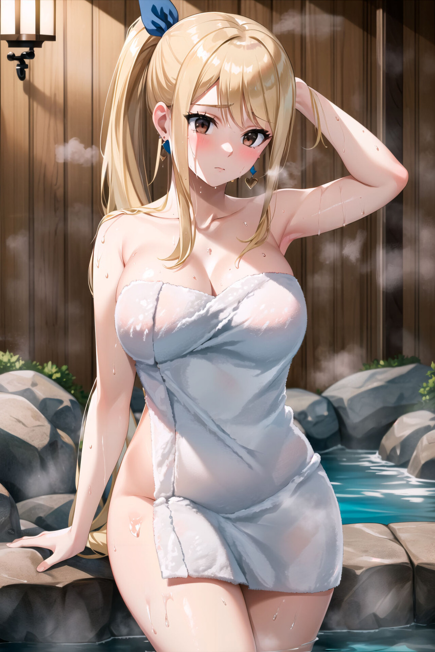 ai_generated blonde_hair blush brown_eyes fairy_tail hand_on_head hot_spring legs legs_in_water lucy_heartfilia mouth_closed ponytail sitting sitting_on_rock towel towel_only