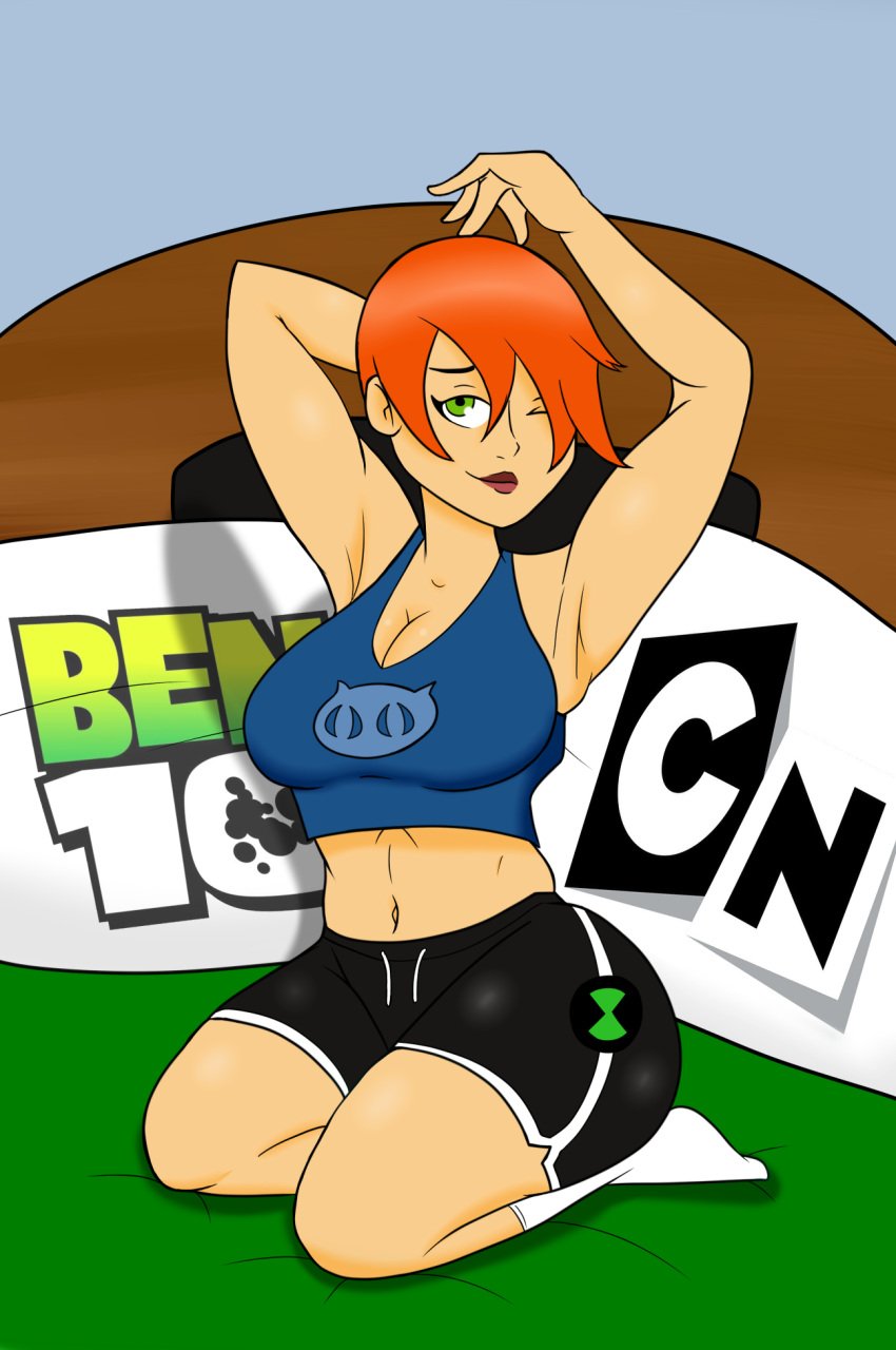 armpits bed bedroom ben_10 big_ass big_breasts bike_shorts cartoon_network female female_only future_gwen green_eyes gwen_tennyson knee_socks kneehighs kneesocks large_ass large_breasts orange_hair red_eyes short_hair shorts socks solo_female tank_top thick_thighs thighs white_socks