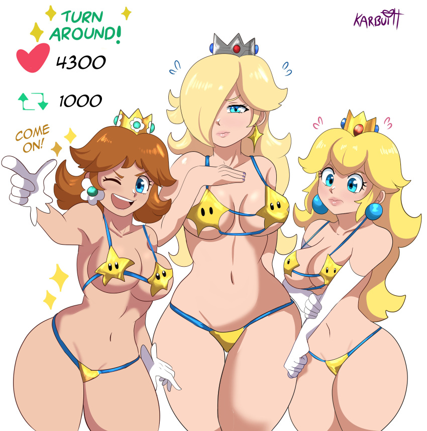 3girls bikini blonde_hair blue_eyes breasts female hair_over_one_eye height_difference karbuitt large_breasts light-skinned_female light_skin long_hair luma_bikini mario_(series) nintendo orange_hair princess_daisy princess_peach princess_rosalina simple_background star_bits strip_game super_mario_bros. super_mario_galaxy thick_thighs thigh_gap thighs white_background wide_hips