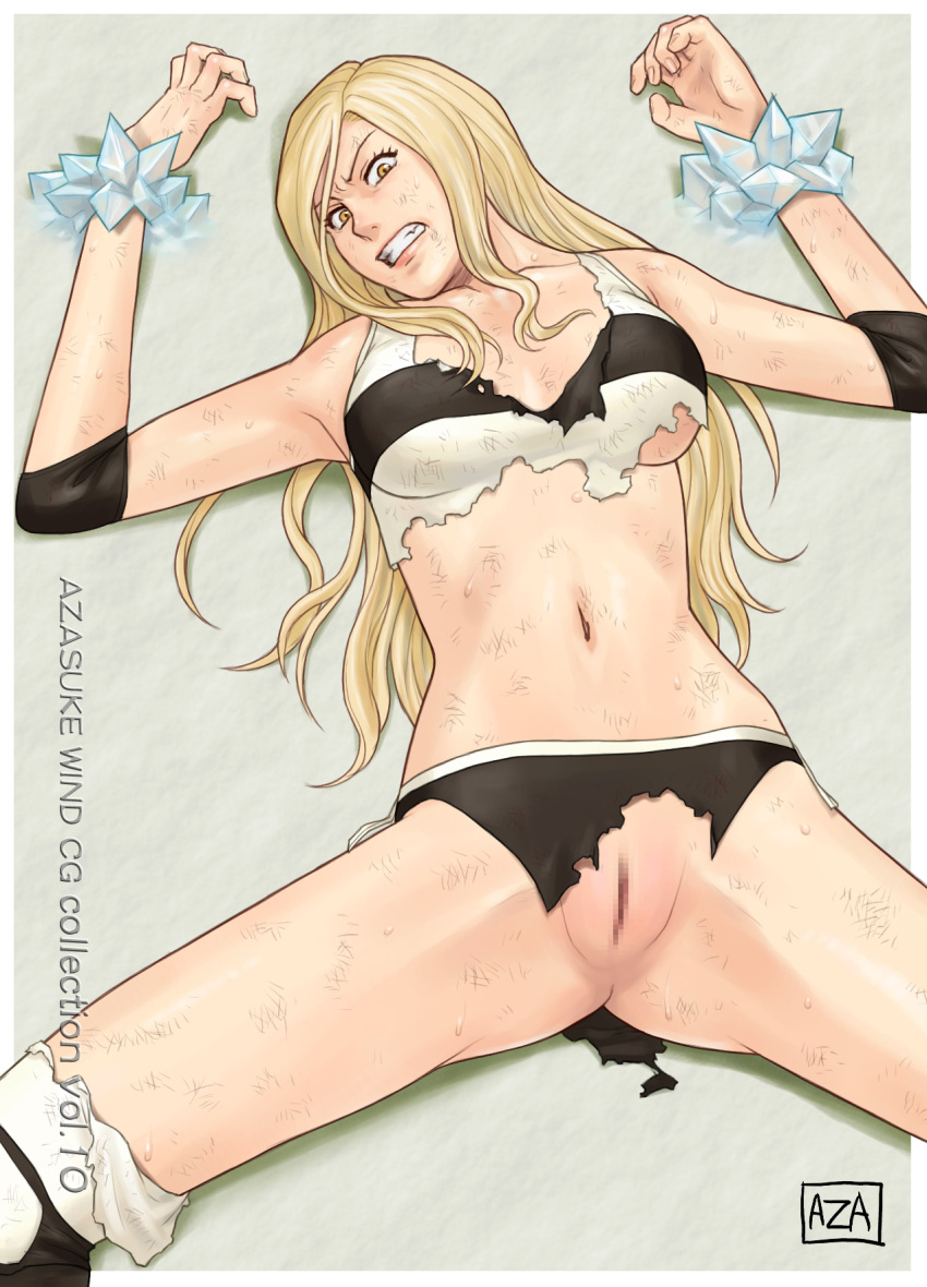 angry azasuke blonde_hair bondage bound bound_wrists breasts bruise bruised censored clenched_teeth exposed exposed_pussy female from_above high_resolution ice ice_bondage injury julia_dragoon long_hair lying midriff navel on_back pussy rave rave_master restrained shaved_pussy solo spread_legs stuck_in_ice sweat tank_top thighhighs torn_clothes torn_panties yellow_eyes