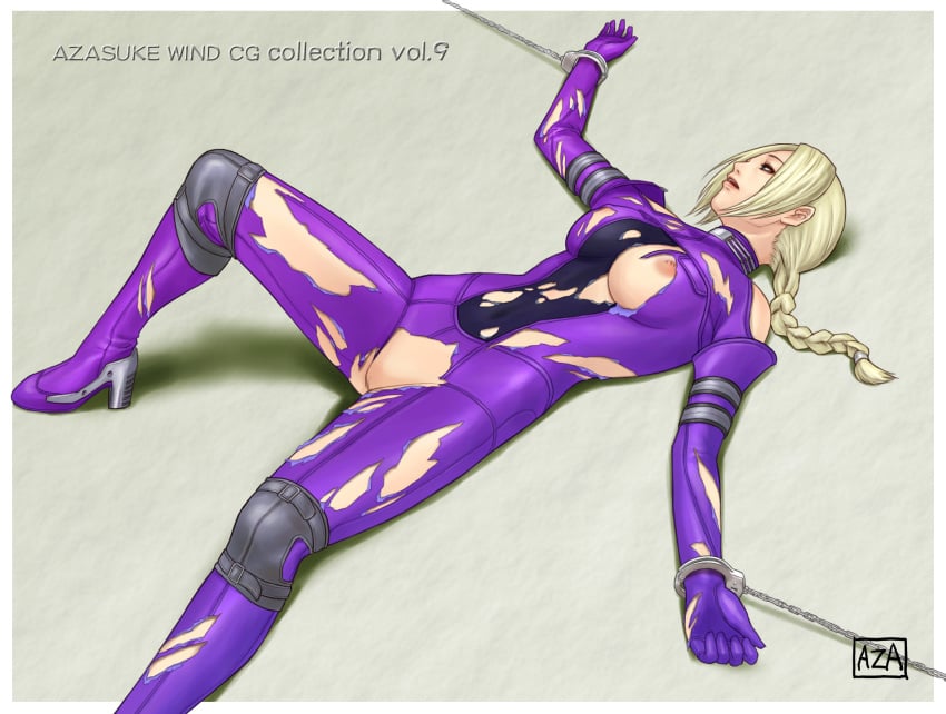 azasuke bare_shoulders blonde_hair blue_eyes bodysuit bondage bound_wrists braid breasts censored cuffs erect_nipples female handcuffs high_resolution leg_lift long_hair lying nina_williams nipple_slip nipples no_bra no_panties on_back ponytail pussy shaved_pussy skin_tight solo tekken tied_hair torn_clothes