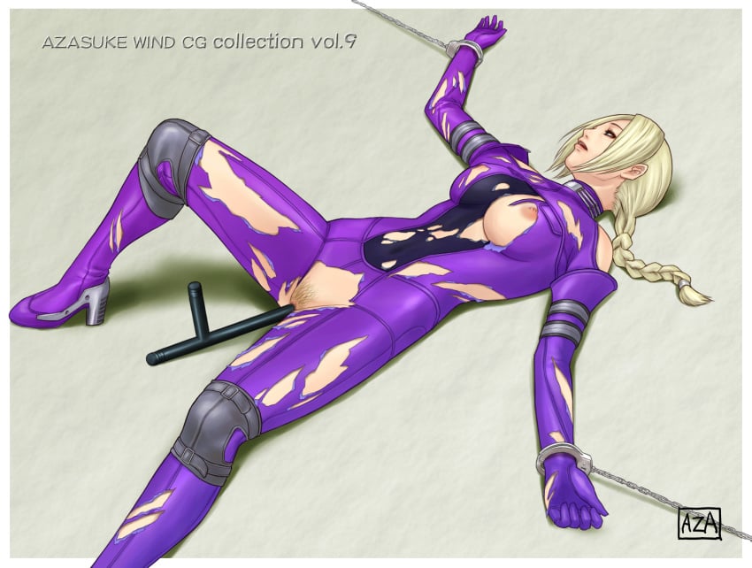 azasuke bare_shoulders blonde_hair blue_eyes bodysuit bondage bound_wrists braid breasts censored cuffs erect_nipples female handcuffs highres insertion leg_lift long_hair lying nina_williams nipple_slip nipples no_bra no_panties on_back penetration ponytail pubic_hair pussy skin_tight solo tekken tied_hair tonfa torn_clothes vaginal_penetration weapon