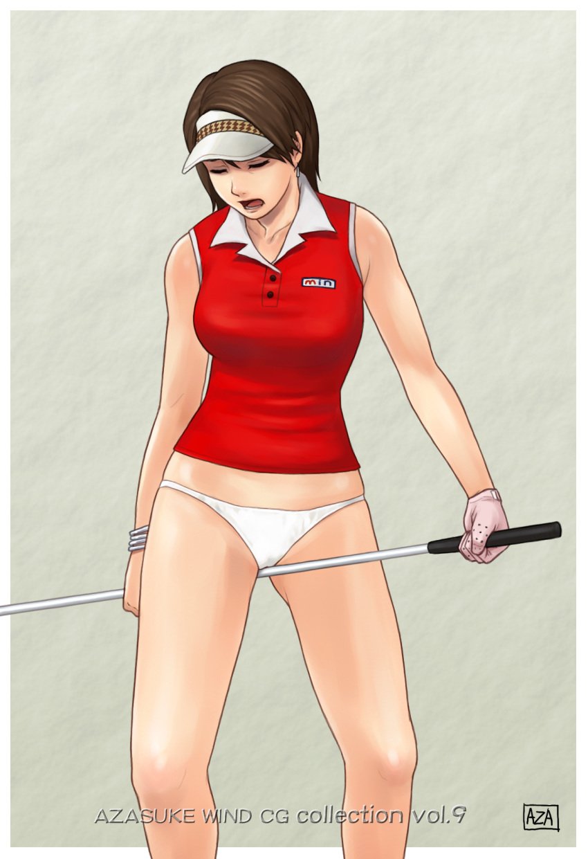 azasuke bare_shoulders between_legs blouse bottomless brown_eyes brown_hair closed_eyes earrings gloves golf_club highres hot_shots_golf hot_shots_golf_fore! jewelry kyouko_(hot_shots_golf) masturbation open_mouth panties solo standing underwear visor white_panties