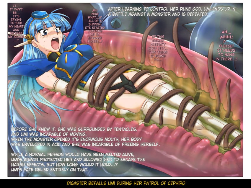 1girls 2007 blue_eyes blue_hair blush clothing cyclone english_text female female_focus female_prey large_breasts long_hair magic_knight_rayearth monster panties peril rape restrained slime stockings tears tentacle tentacle_sex tentacle_under_clothes text thighhighs umi_ryuuzaki vore x-ray