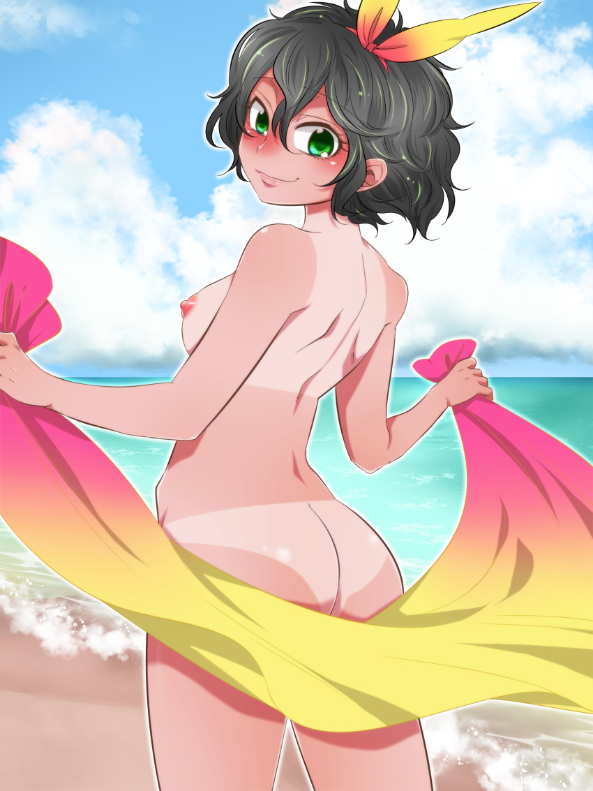 1girls ass bakuon!! beach bikini_tan black_hair blush breasts butt_crack cloud curly_hair female green_eyes hairband highres jill_(acca) looking_at_viewer nipples nude ocean onsa_amano sarong short_hair sky smile solo tan tanline water wavy_hair