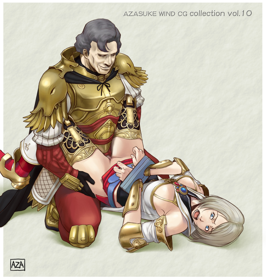 armor ashelia_b'nargin_dalmasca azasuke belt blonde_hair blue_eyes bondage boots bound_wrists bracer bracers cape censored clothed_sex female final_fantasy final_fantasy_xii gloves gold_armor gray_hair grey_hair high_resolution judge_ghis lying male miniskirt missionary no_panties on_back open_mouth penis rape scream screaming sex shaved_pussy skirt smile stocks thighhighs vaginal_penetration