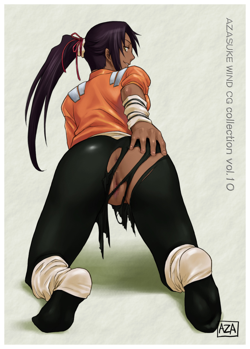 all_fours anus ass ass_grab azasuke bleach censored dark-skinned_female dark_skin female from_behind groping high_resolution latex long_hair looking_back no_panties ponytail purple_hair pussy shaved_pussy shihouin_yoruichi skin_tight smile solo tied_hair torn_clothes yellow_eyes