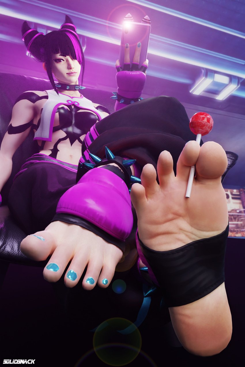 1girls 3d anklet feet feet_first feet_together female female_only fighting_game foot_fetish foot_focus foot_worship fully_clothed juri_han lollipop lollipop_between_toes solidsnack solo spiked_anklet stirrup_legwear stirrup_socks stirrups street_fighter street_fighter_6 toe_hold toeless_legwear toenail_polish toenails toes