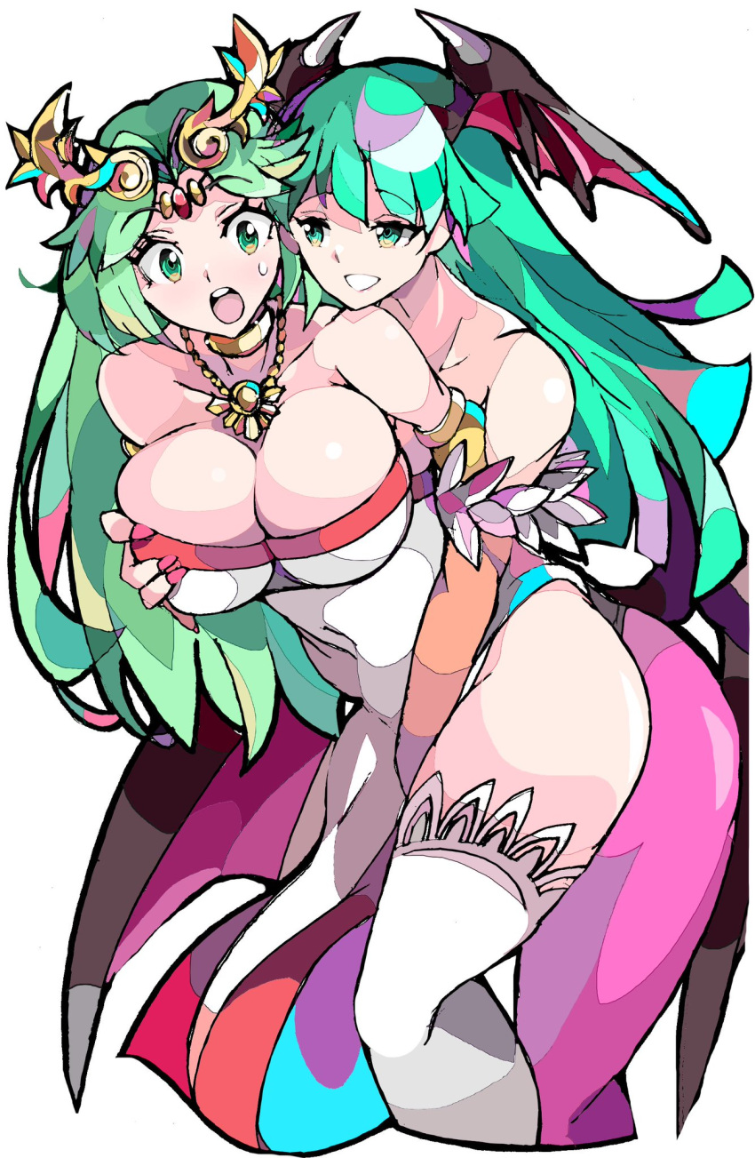 2girls bat_wings big_breasts breasts clothing crossover darkstalkers enpe feet_out_of_frame female female_only fingering fingering_through_clothes goddess grabbing_breasts grabbing_from_behind green_eyes green_hair hand_on_breast head_wings huge_breasts kid_icarus kid_icarus_uprising large_breasts leotard long_hair morrigan_aensland multiple_girls nintendo no_bra palutena single_thighhigh stockings succubus surprised sweatdrop thick_thighs tiara wings yuri