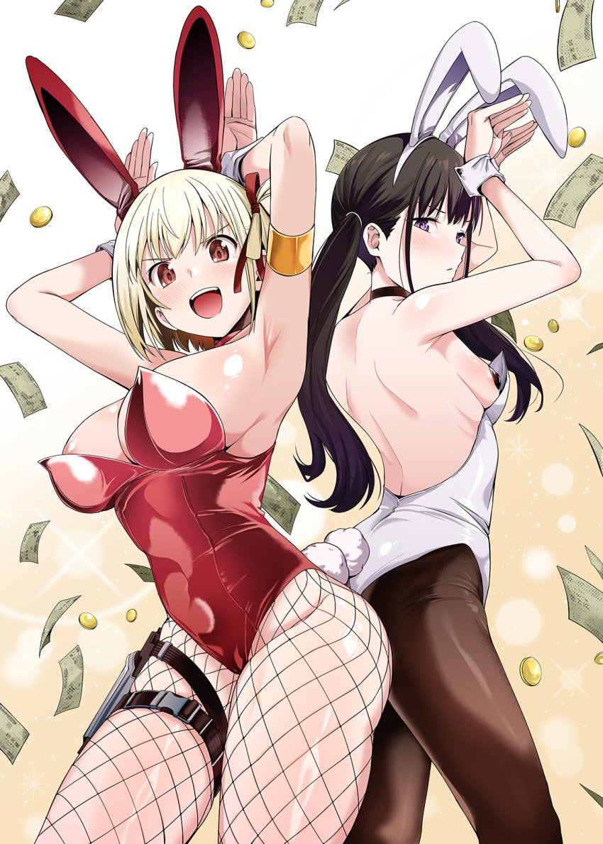 2girls :d alternate_costume animal_ears areola_slip armpits arms_up ass-to-ass backless_leotard banknote black_hair black_pantyhose blonde_hair bob_cut breasts chicke_iii chinese_commentary closed_mouth coin fake_animal_ears fake_tail fishnet_pantyhose fishnets gun hair_ribbon highleg highleg_leotard highres holster holstered inoue_takina large_breasts leotard long_hair looking_at_viewer lycoris_recoil medium_breasts money multiple_girls nishikigi_chisato official_alternate_hairstyle open_mouth pantyhose pasties playboy_bunny purple_eyes rabbit_ears rabbit_pose rabbit_tail red_eyes red_leotard red_ribbon ribbon short_hair sideboob smile tail thigh_holster twintails weapon white_leotard white_wrist_cuffs