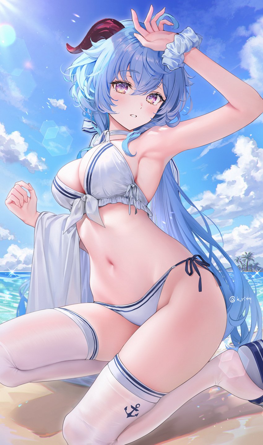 1girls ahoge alternate_costume arm_up armpits bare_arms bare_shoulders bikini blue_hair blush breasts choker day frilled_bikini frills front-tie_bikini_top front-tie_top ganyu_(genshin_impact) genshin_impact goat_horns hair_between_eyes highres horns k_rity_(twitter) large_breasts long_hair looking_at_viewer navel on_one_knee outdoors parted_lips presenting_armpit purple_eyes ribbon_choker rity sandals scrunchie side-tie_bikini_bottom sidelocks solo stomach string_bikini swimsuit thighhighs thighs twitter twitter_link twitter_username very_long_hair white_bikini white_choker white_thighhighs wrist_scrunchie