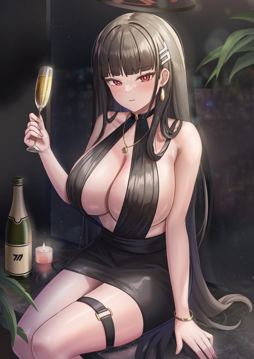 1girls absurdres black_hair black_skirt blue_archive blush bottle bracelet breasts bright_pupils chisi cleavage cocktail cocktail_glass cup drinking_glass feet_out_of_frame female hair_ornament hairclip halo highres holding holding_cup huge_breasts jewelry long_hair millennium_science_school_student necklace open_mouth pencil_skirt red_eyes rio_(blue_archive) seminar_(blue_archive) seminar_president skirt solo thigh_strap white_pupils