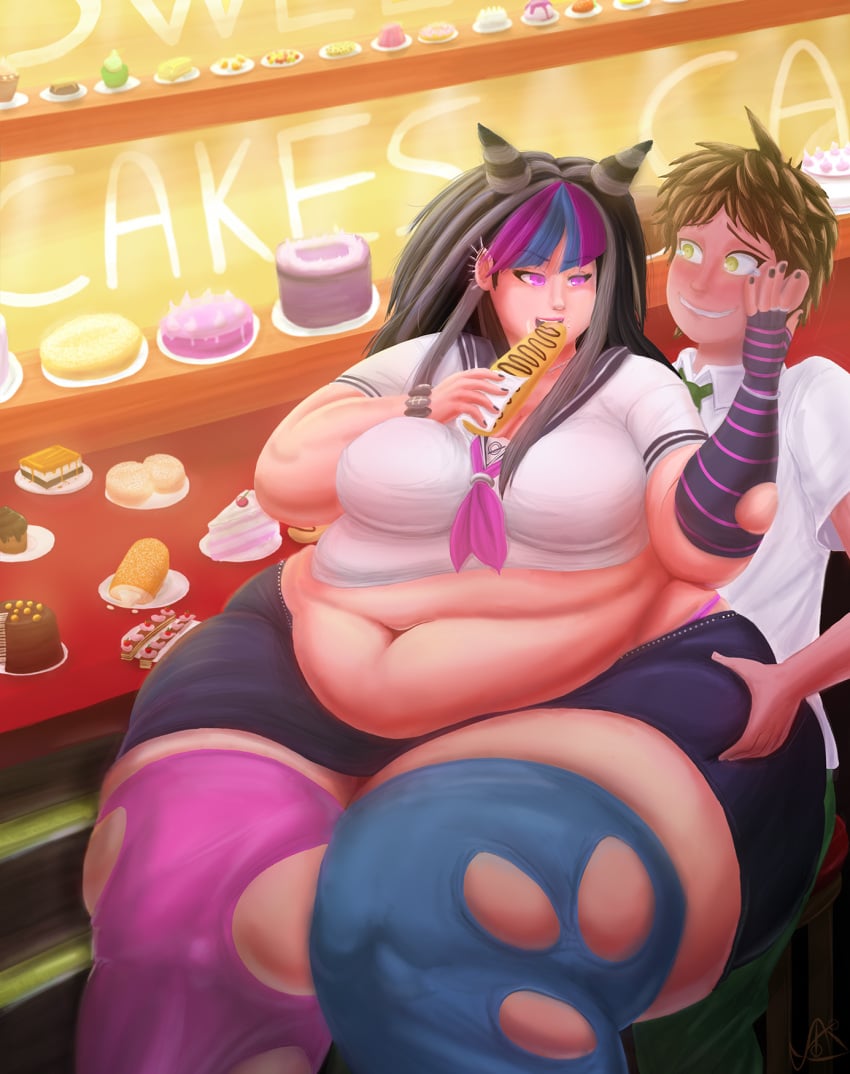 artist_request bbw brown_hair buffet cakes danganronpa danganronpa_2:_goodbye_despair eating embarrassed embarrassed_male green_eyes hinata_hajime mioda_ibuki morbidly_obese morbidly_obese_female multicolored_hair nervous nervous_smile obese purple_eyes seductive seductive_eyes seductive_look sitting_on_lap squeezing squeezing_butt ssbbw tearing_clothes