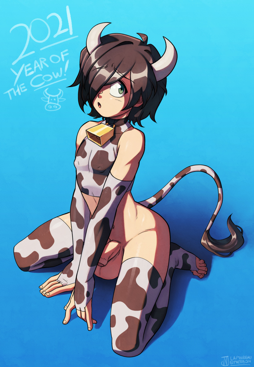 animal_humanoid animal_print balls bell bell_collar black_body black_fur black_hair blue_background bottomless bottomless_humanoid bottomless_male bovid bovid_humanoid bovine bovine_humanoid cattle_humanoid chinese_zodiac clothed clothing collar cow_print cow_print_armwear cow_print_elbow_gloves cow_print_legwear cow_print_lingerie cow_print_thighhighs cow_print_topwear cowbell english_text flaccid fur genitals girly hair hair_over_eye hi_res horn humanoid humanoid_genitalia humanoid_penis kneeling lapinbeau male mammal mammal_humanoid multicolored_body multicolored_fur one_eye_obstructed penis simple_background solo tail tail_tuft text tuft two_tone_body two_tone_fur white_body white_fur wide_eyed year_of_the_ox