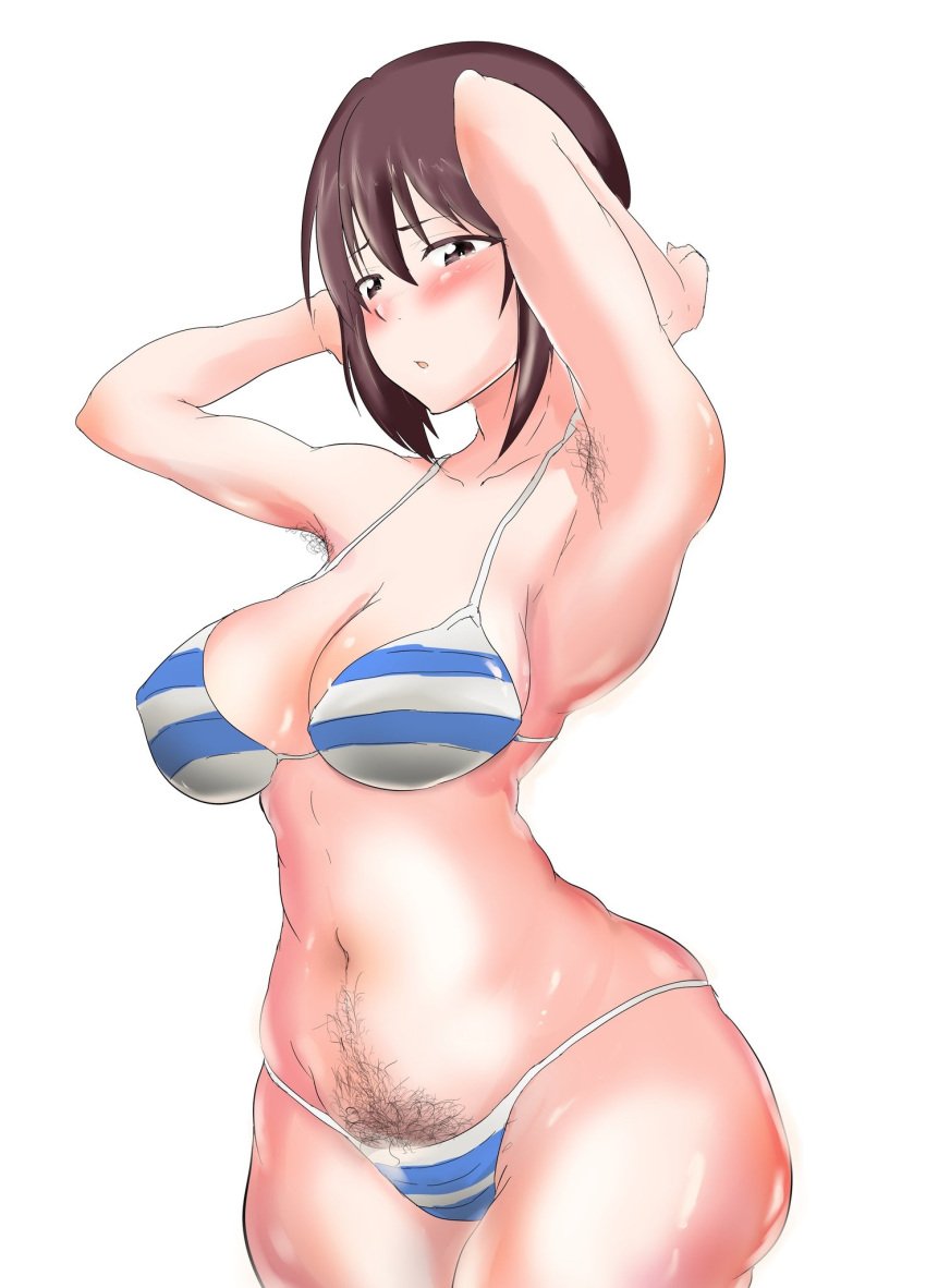 1girls armpit_hair armpits arms_behind_head bikini blush breasts brown_eyes brown_hair excessive_pubic_hair female female_only girls_und_panzer hairy_pussy happy_trail iwanishi large_breasts navel nishizumi_maho pubic_hair short_hair solo swimsuit