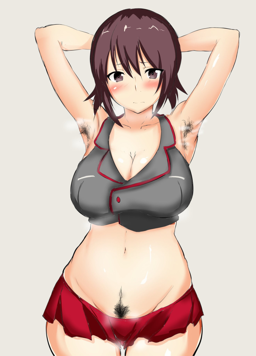 armpit_hair armpits arms_behind_head blush breasts brown_eyes brown_hair cleavage crop_top female female_armpit_hair girls_und_panzer hairy_armpits iwanishi large_breasts looking_at_viewer microskirt navel nishizumi_maho pubic_hair short_hair skirt solo steaming_body