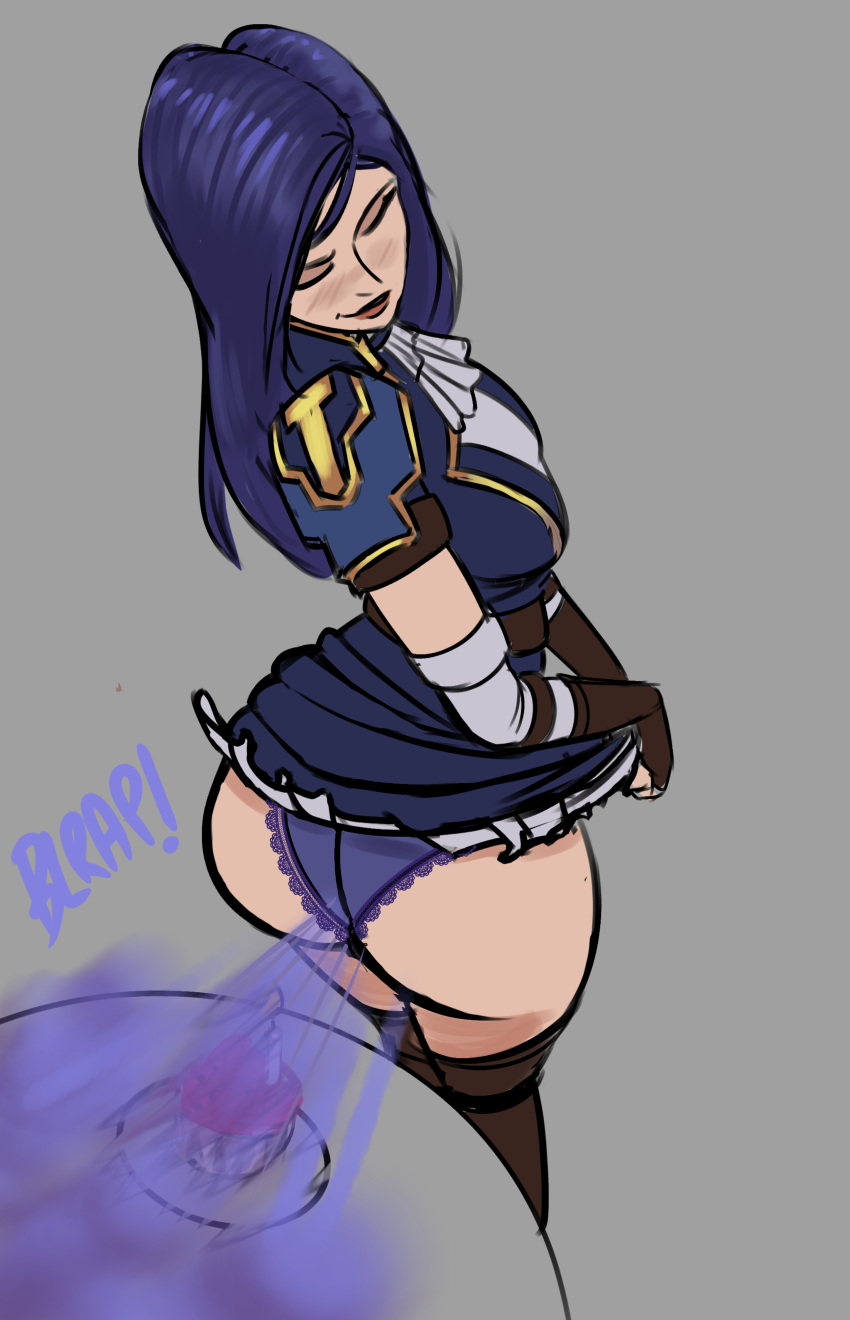 arcane arcane_caitlyn big_ass blowing_candle blush blushing caitlyn_kiramman cake candle closed_eyes cupcake fart fart_cloud grabbing_skirt league_of_legends lifting_skirt lolotron6 looking_over_shoulder panties present purple_panties riot_games unusual_fart upskirt