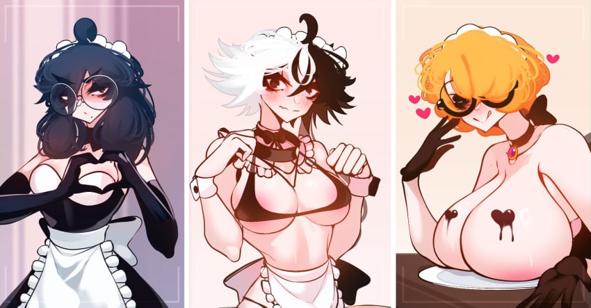 big_breasts bodypaint breasts female_only glasses kefter_(sachiko2s) keiko_(sachiko2s) kyoko_(sachiko2s) looking_at_viewer maid maid_uniform multiple_girls orange_hair sachiko sachiko_shirayuki tagme topless