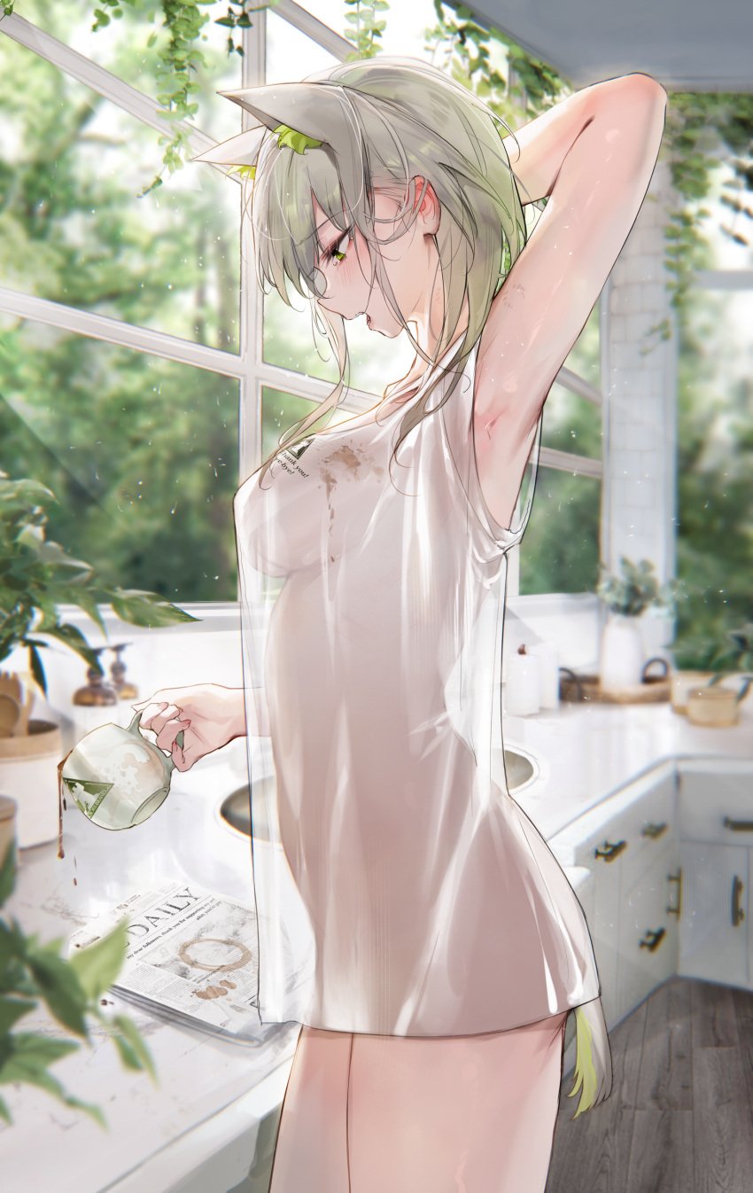 1girls absurdres animal_ears arknights arm_up armpits blurry blush breasts coffee cup depth_of_field dress from_side gradient_hair green_eyes green_hair highres kal'tsit_(arknights) large_breasts medium_hair multicolored_hair newspaper open_mouth qiandaiyiyu see-through see-through_dress sink solo sweat tail thighs white_dress window wooden_floor