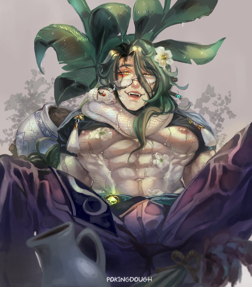 2d 2d_(artwork) abs baizhu_(genshin_impact) bulge bulge_through_clothing changsheng_(genshin_impact) detailed fangs flower flower_in_hair flowers genshin_impact glasses green_hair hi_res male male_only muscular muscular_male nipples pecs pierced_nipples piercing piercings plant plants pokingdough scales simple_background snake solo solo_male tagme teeth_showing tranquilizer_dart water water_drop wet wet_body wet_clothes wet_skin