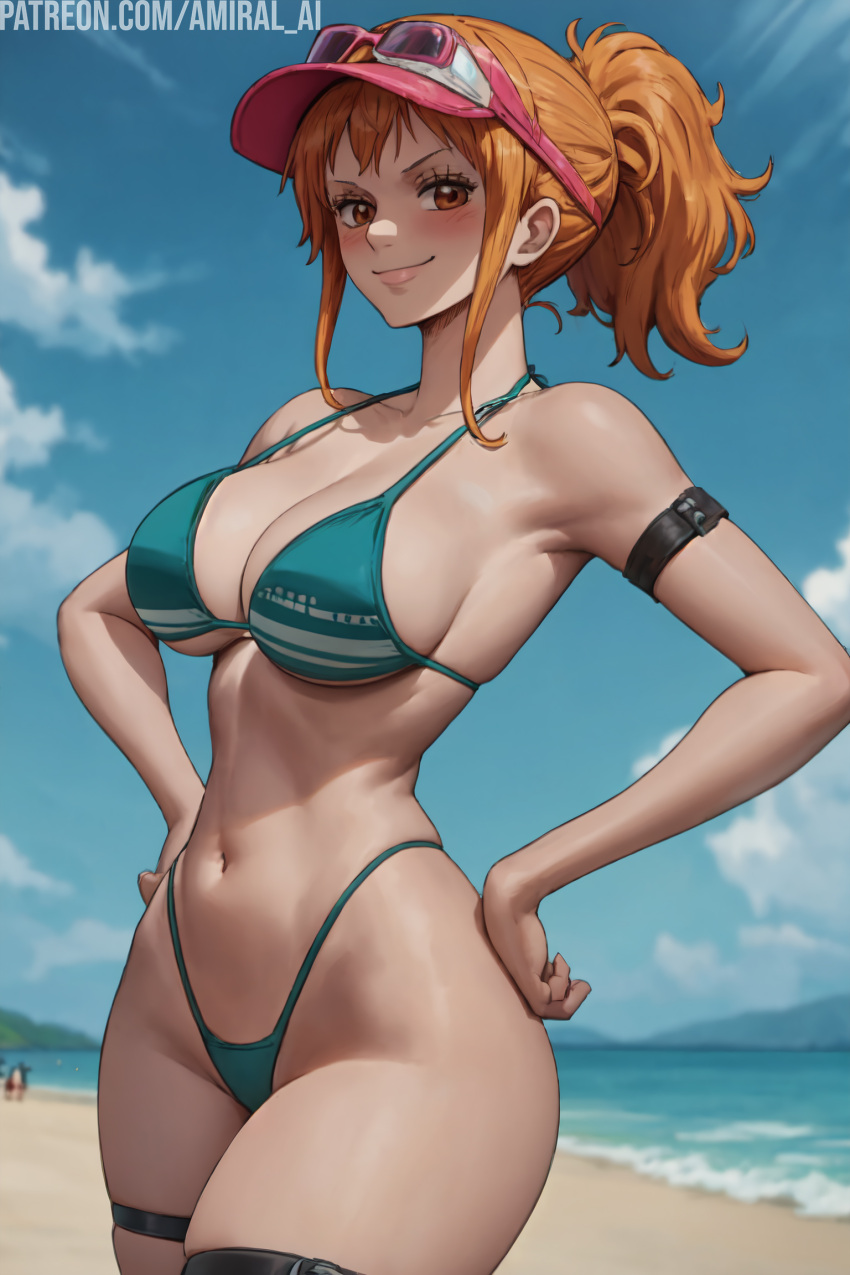 1girls ai_generated amiral_ai bikini bikini_bottom breasts female female_only huge_breasts light-skinned_female light_skin long_hair nami navel no_pants one_piece orange_hair post-timeskip post_timeskip slim_waist solo solo_female stable_diffusion thick_thighs