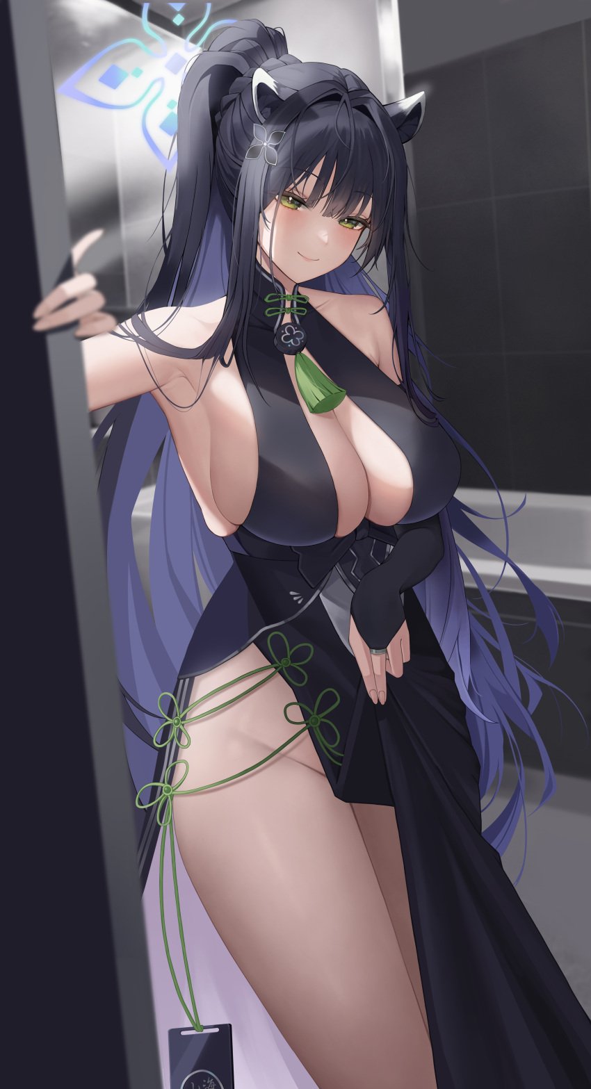 1girl 1girls absurdres animal_ears armpits artist_request black_dress black_hair blue_archive blue_halo blurry blush breasts bridal_gauntlets center_opening china_dress chinese_clothes cleavage closed_mouth depth_of_field dress foreshortening green_eyes halo highres large_breasts long_hair plum_blossom_garden_(blue_archive) ponytail shanhaijing_secondary_school_logo_(blue_archive) shanhaijing_secondary_school_student shun_(blue_archive) sidelocks smile solo tagme_(artist) tassel thighs tiger_ears very_long_hair